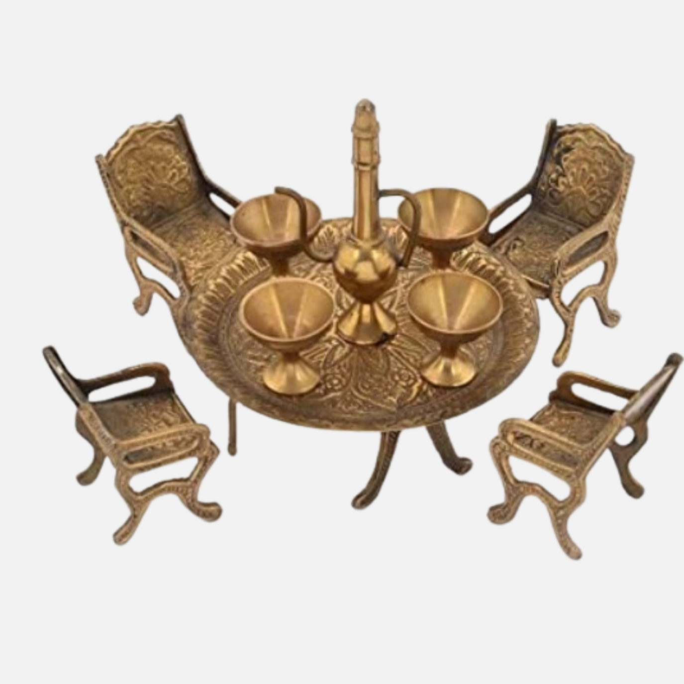 Miniature Handmade Brass Antique Unique Design Dining Table Chair Raja Maharaja Set