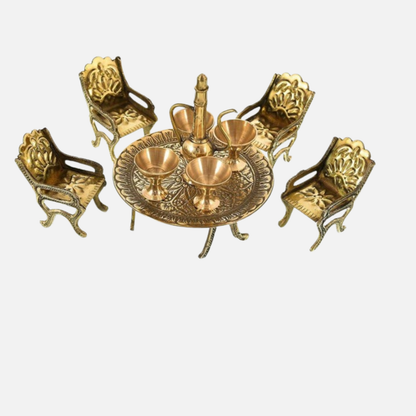 Miniature Handmade Brass Antique Unique Design Dining Table Chair Raja Maharaja Set