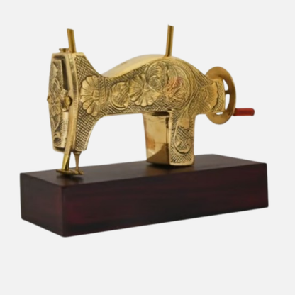 Miniature Brass Sewing Machine Model Toy with Wooden Base