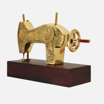 Miniature Brass Sewing Machine Model Toy with Wooden Base