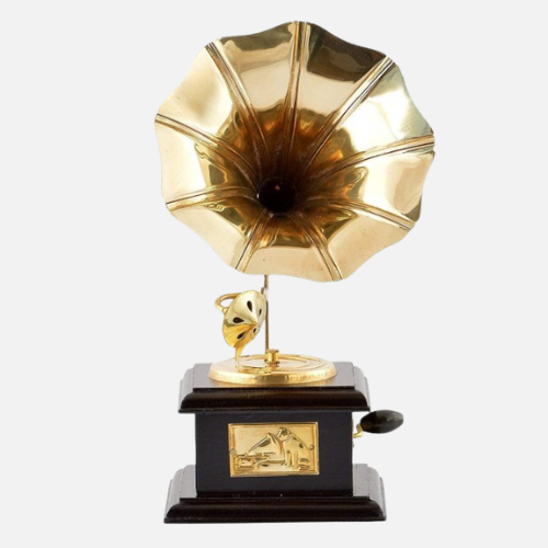 Vintage Brass Decorative Gramophone Model, Gold Horn with Brown Wooden Base, Miniature Musical Showpiece for Antique Home Decorative Figurine Decoration